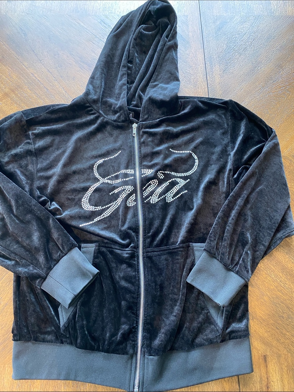 I.AM.GIA Black Velour Hooded Zip-Up Jacket, Crystal Logo and Wings on the back